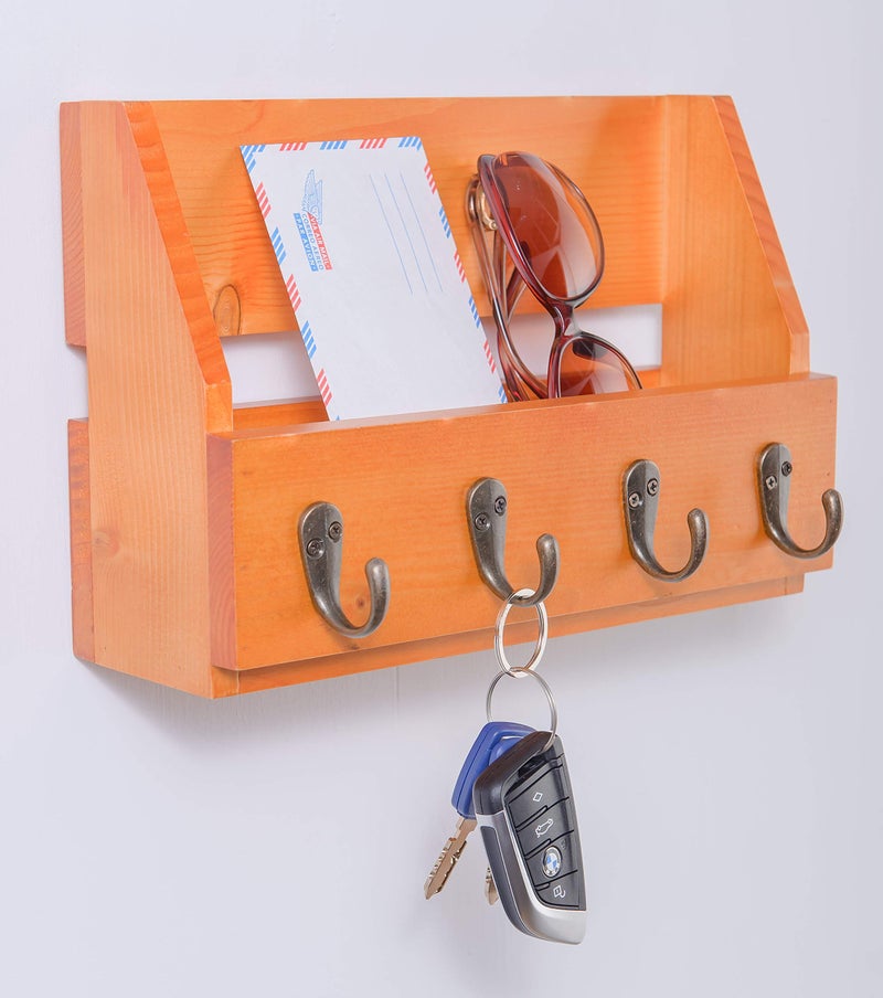 Flintar Wall Mounted Key and Mail Holder with 4 Hooks. Made of Solid Wood. Use as Key Rack, Entryway or Mudroom Organizer, Mail Sorter, Magazine Holder, Bill Sorter, Rustic Home DÃ©cor (Oak) - Image 2